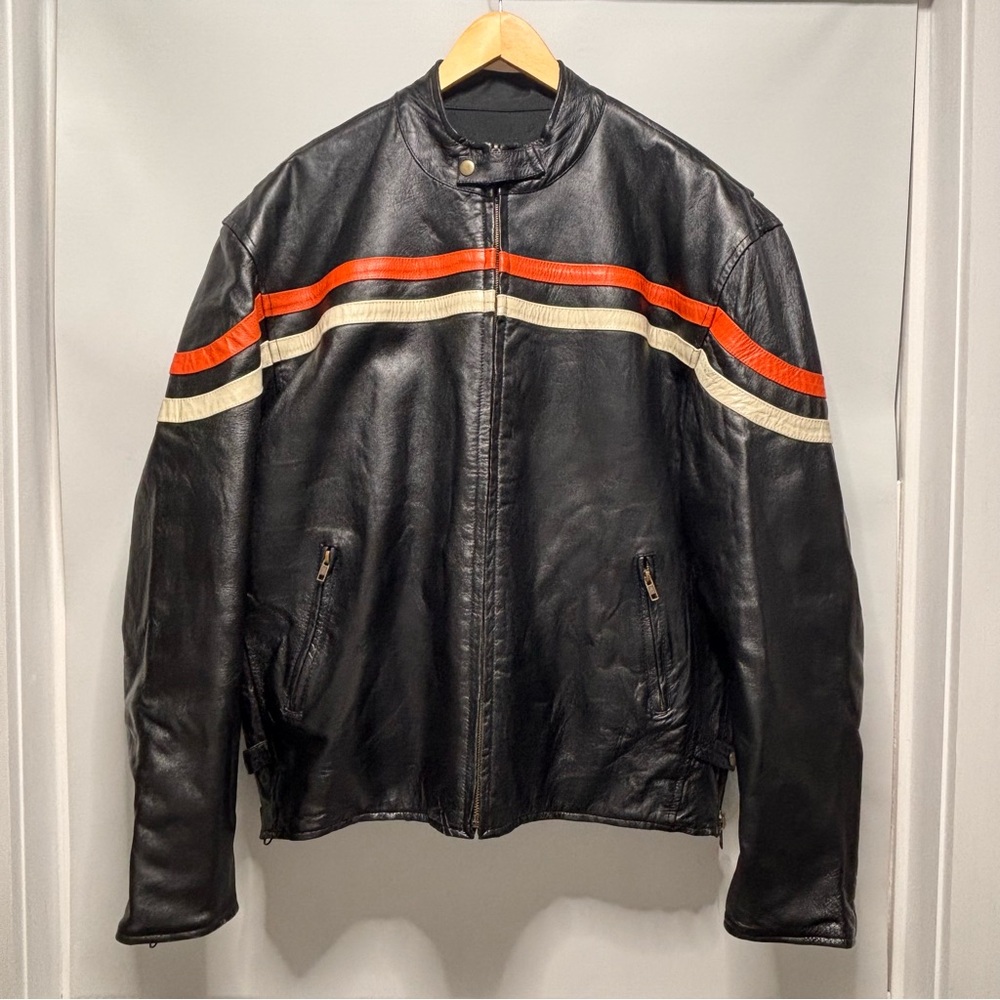 Nexgen Leather Reversible Motorcycle Jacket Black Orange White Stripes Mens 3XL